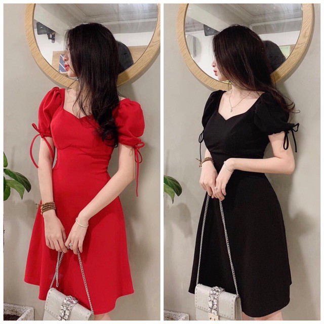 Đầm cổ V tay nơ 2 màu