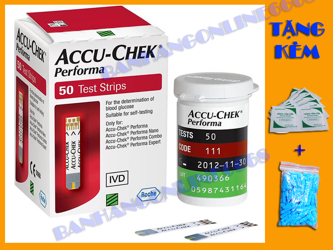 Hộp 50 que thử đường huyết accu check performa + tặng kèm 10 kim chích máu