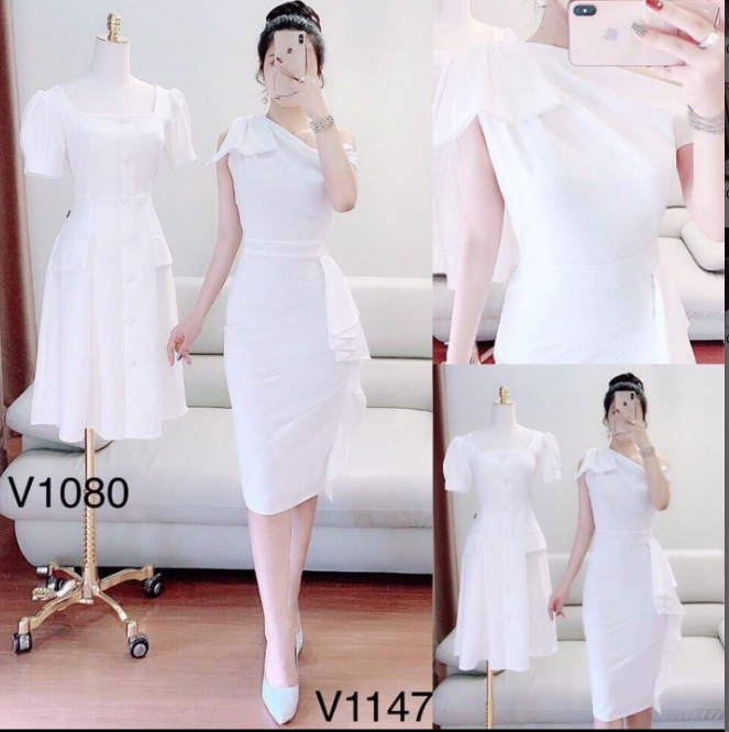 Đầm nơ bẹt vai bèo eo-QH