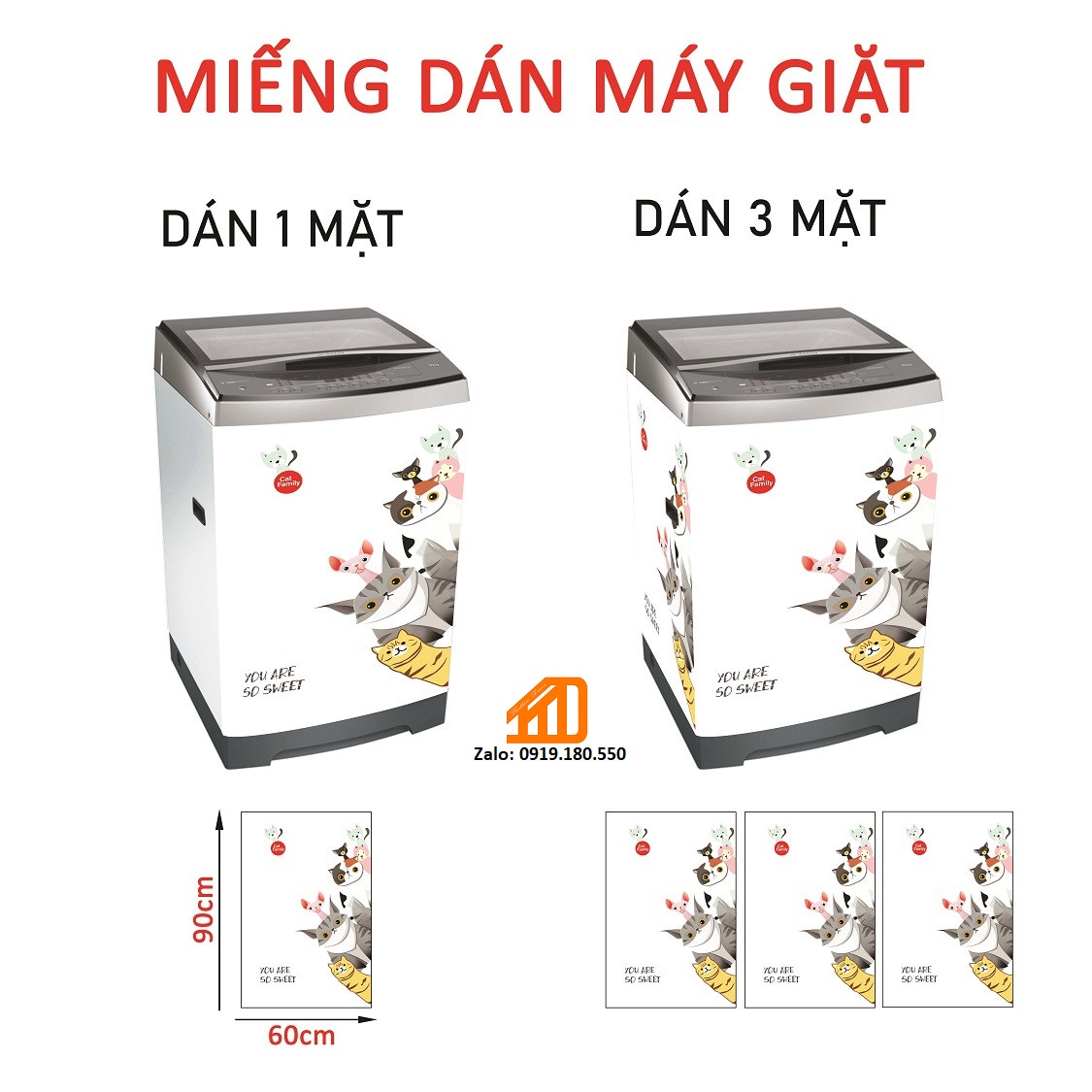 Decal dán máy giặt gia đình mèo - tủ lạnh mini
