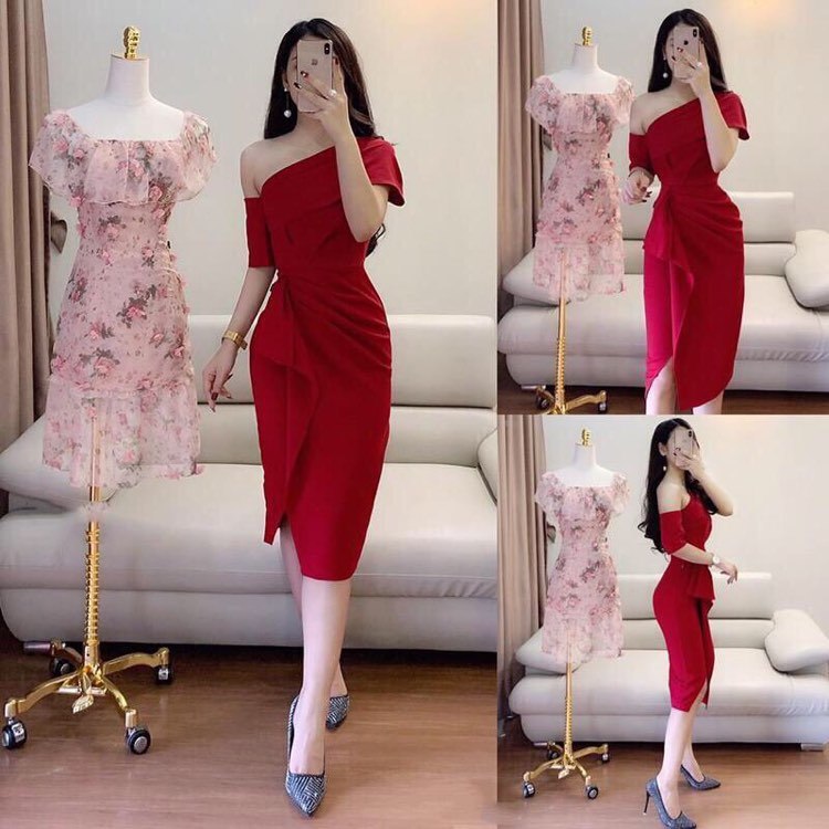 Đầm Nữ ( Váy Nữ ) Dự Tiệc Lệch Vai Xếp Bèo Thời Trang Yoomi