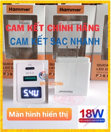 Cóc sạc nhanh hammer 18w, pd & quick charge 3.0a, có lcd hiển thị dòng điện, hàng chính hãng bảo hành 12 tháng