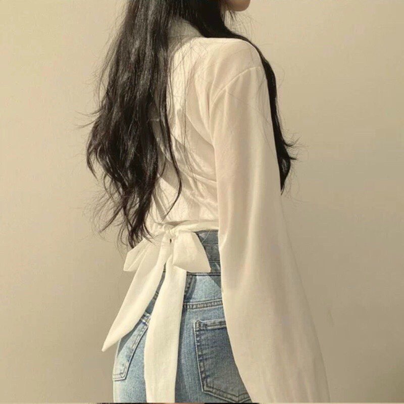 Áo Sơ Mi Xoắn Eo Tay Dài Trơn