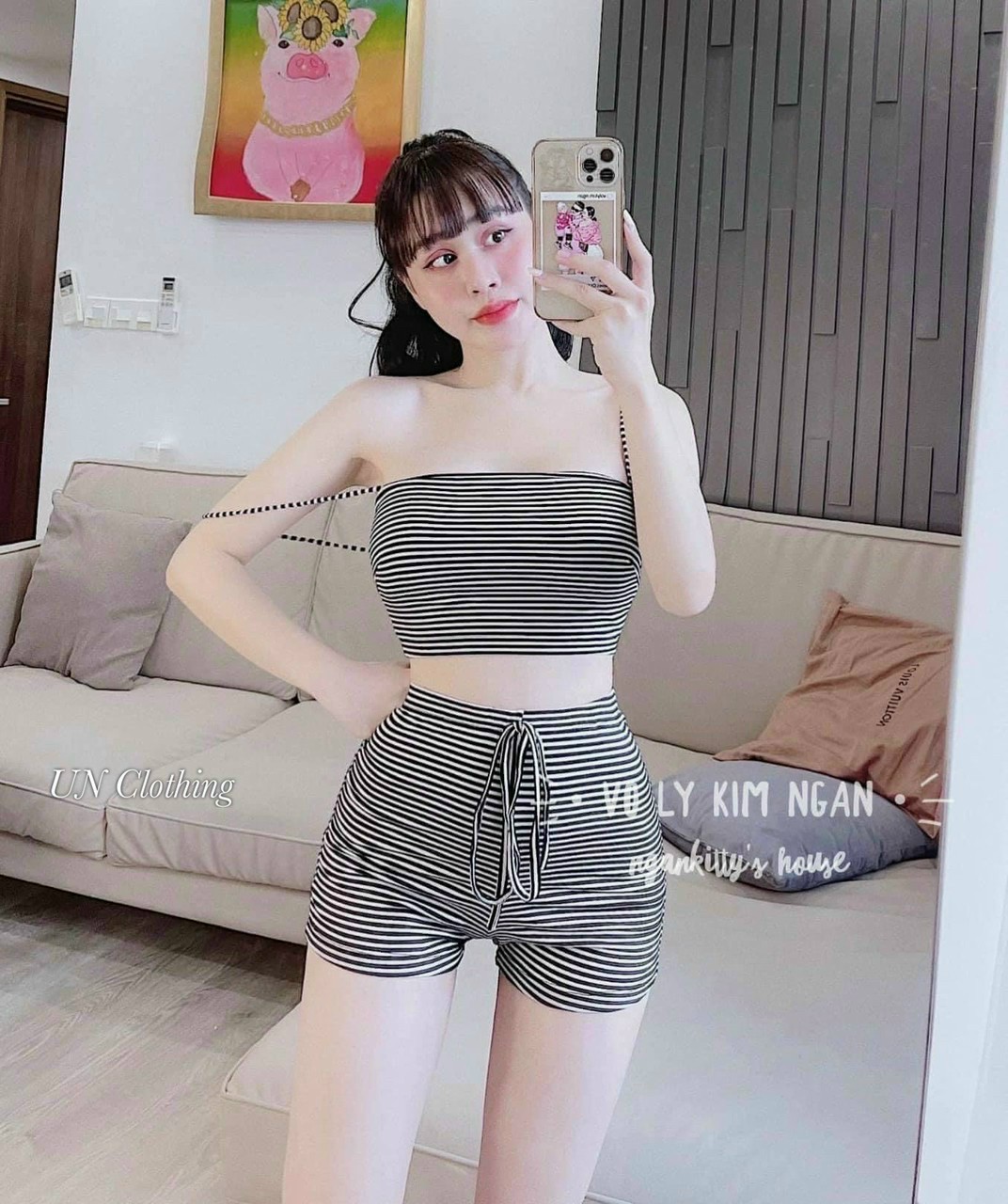 sét bộ mặc nhà quần đùi áo 2 dây sọc ngang utrrb ruby