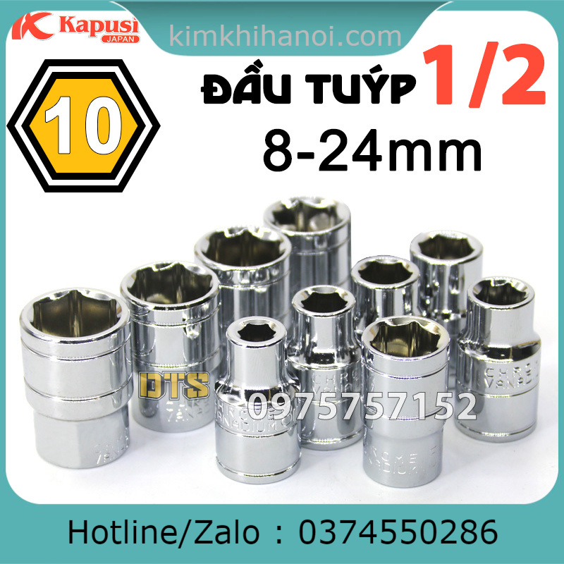Bộ 10 đầu tuýp 1/2 công nghiệp KAPUSI 8-24mm, đầu típ, đầu khẩu lục giác 1/2 inch thép CR-V siêu cứng mở bulong, vặn ốc vít, đầu tiếp lục giác, phù hợp cần tuýp tự động, cần tuýp trượt, cần tuýp lắc léo, cần tuýp L