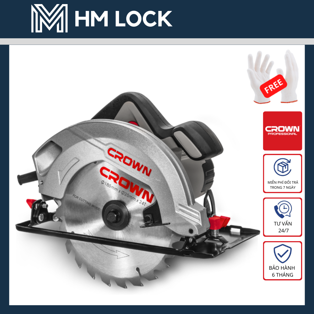 185mm máy cưa gỗ cầm tay crown 1500w - kèm 1 lưỡi cưa - 5.500 vòng/phút - ông vua máy cưa gỗ - ct15188 - hm lock