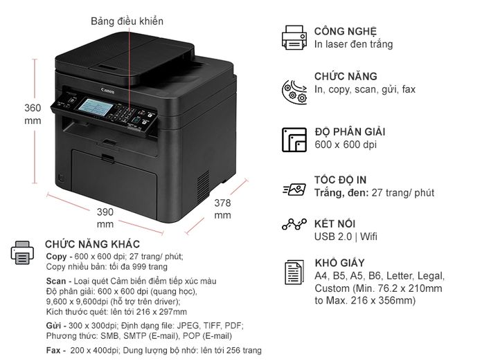 Máy in đa chức năng Canon MF249DW (In, Copy - In wifi - Scan màu - Fax)