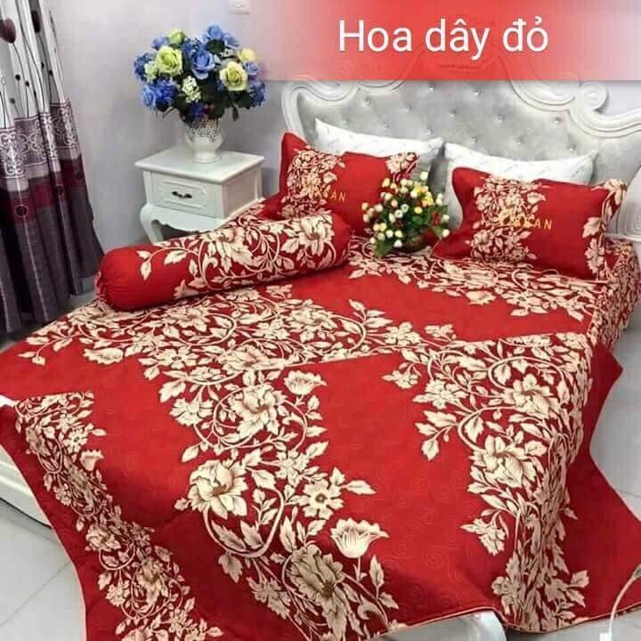 BỘ CHĂN GA COTTON POLY 5 MÓN HOA DÂY ĐỎ 1m6 x 2m - ( 1 Drap + 2 Áo Gối + 1 Áo Gối Ôm + 1 Chăn)
