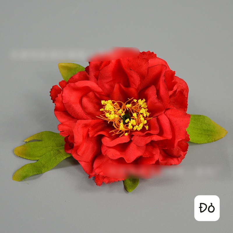 Đầu bông hoa mẫu đơn,hoa lụa trang trí tết 9cm lá dài