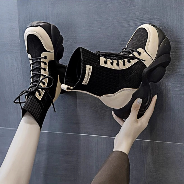 Giày Boots đế độn cổ len cao 9cm PB590-4166