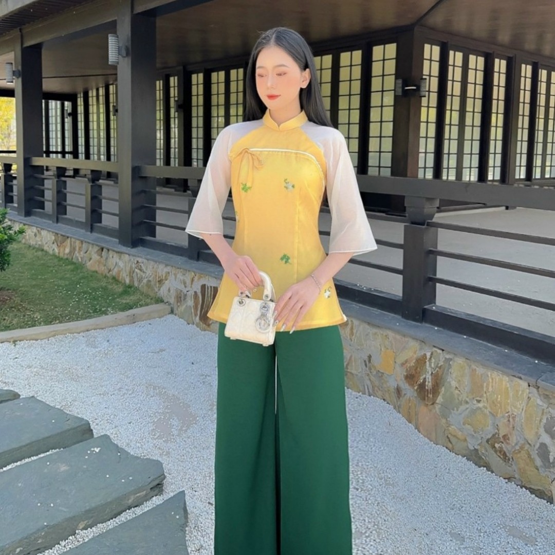 Bộ đồ lam pháp phục truyền thống in hoa cách tân đi lễ chùa, áo dài nữ, áo dài đẹp