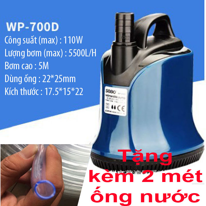 Máy bơm hút cặn đáy hiệu sobo wp-700d công suất 110w + tặng kèm 2 mét ống nước . sử dụng cho hồ cá cảnh, hòn non bộ, máy bơm chìm hút đáy dùng nguồn 220v, bơm hút đáy 360 độ sobo wp-700d