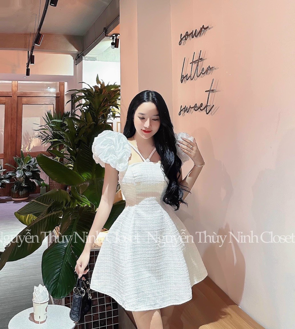 Đầm dạ phối tay voan phồng dây chéo cổ cao cấp chuẩn form, Đầm dạ cổ vuông đan dây ngực dáng xòe nhẹ kèm sẵn mút ngực