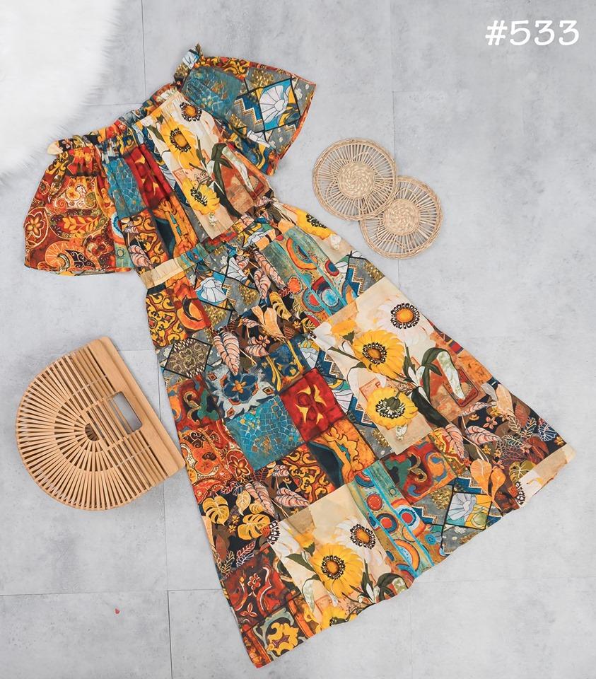Đâm Maxi Thổ Cẩm Trễ Vai Bohemian