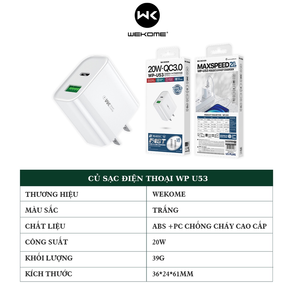 Củ sạc nhanh 20W Wekome WP-U53 2 cổng sạc usb, type-c