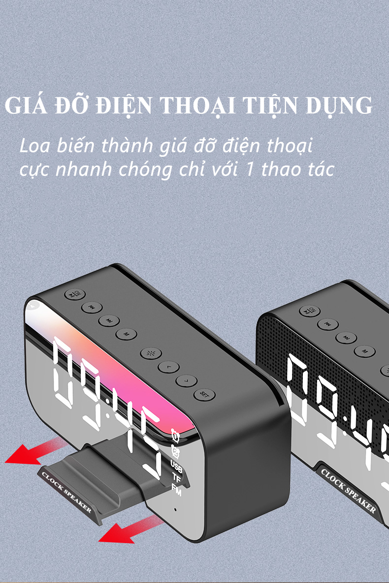 Loa không dây D88 tích hợp đo nhiệt độ phòng, loa kiêm giá đỡ điện thoại, đồng hồ báo thức, loa bluetooth 5.0, loa mini âm thanh hifi