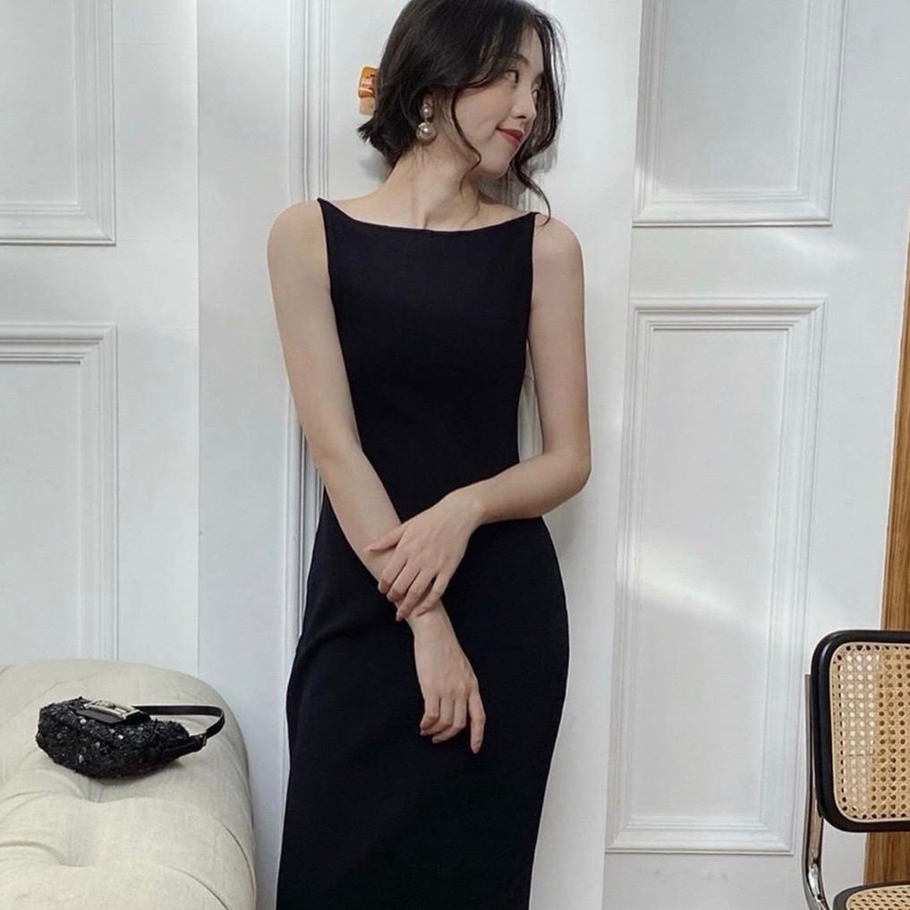 [Ảnh thật] Đầm phi đen 2 dây body cổ thuyền hở lưng