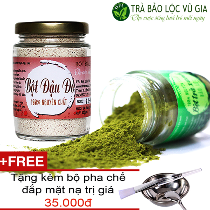 Combo Bột Trà Xanh + Bột Đậu Đỏ - Nguyên Chất Vũ Gia (100g/hũ) + Tặng Bộ Đắp Mặt Nạ - Đắp mặt nạ sạch da, đánh bay mụn ẩn, giữ ẩm lâu