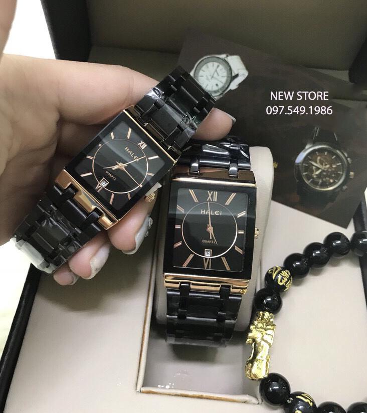 Đồng hồ cặp đôi Halei HL3 Full đen viền vàng cao cấp lịch lãm sang trọng