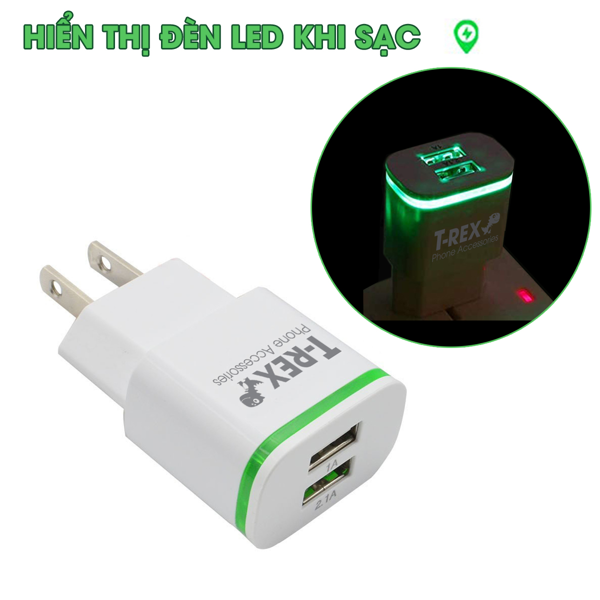Củ Sạc Điện Thoại Đèn LED (2Đầu USB) Dùng Cho Thiết Bị Samsung/ Iphone/ Android