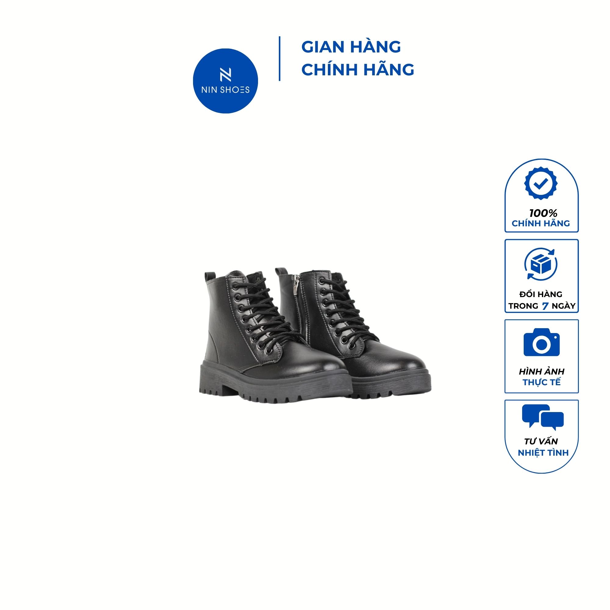 Bốt chiến binh nữ Ninshoes cao cấp Bốt nữ đế bằng mũi tròn có dây xỏ khóa kéo bên hông tiện lợi BOM054