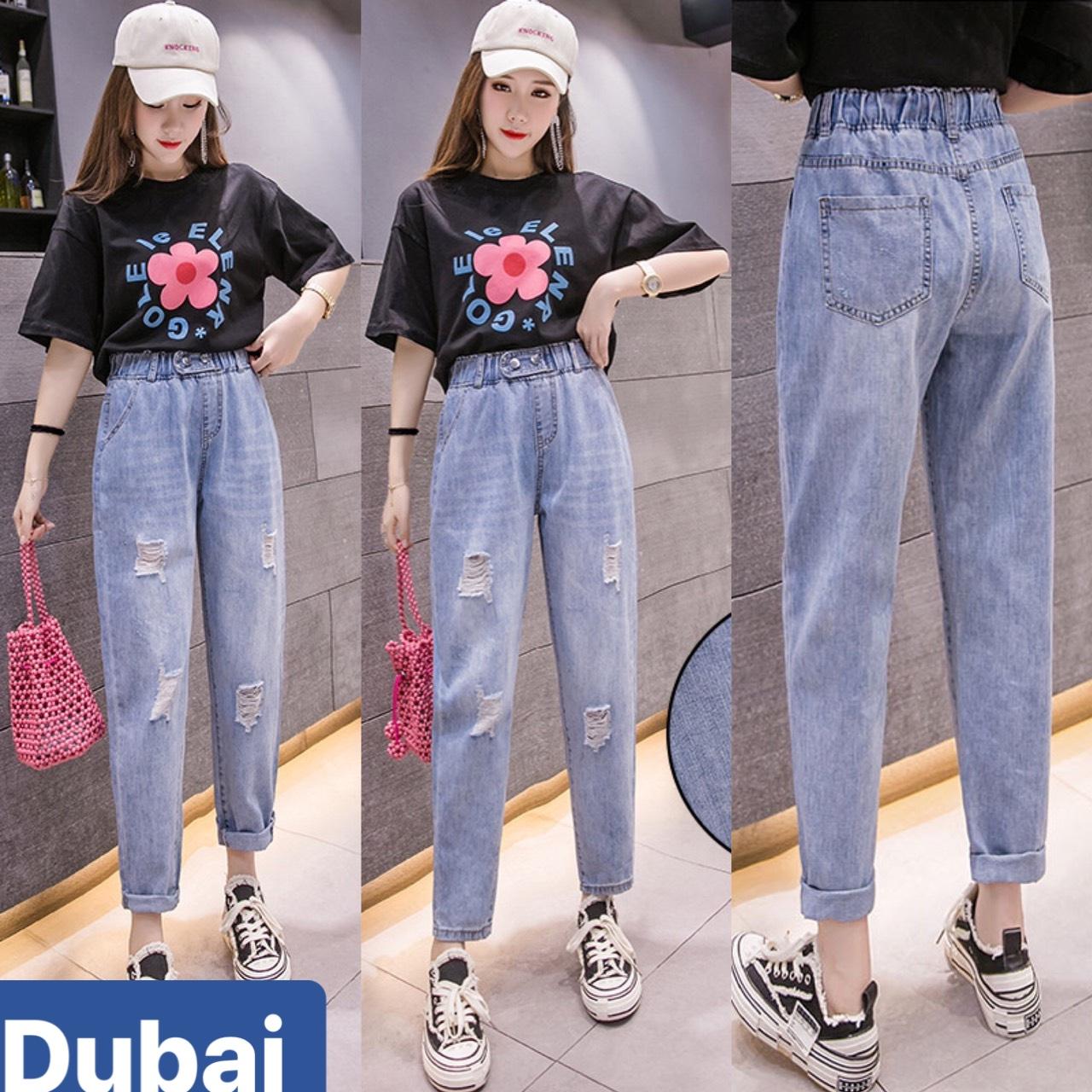 QUẦN BAGGY JEAN NỮ CHẤT BÒ XANH RÁCH LƯNG THUN LƯNG CẠP CHUN CAO NÂNG MÔNG HÀN QUỐC DB-11 CAO CẤP - DUBAI FASHION