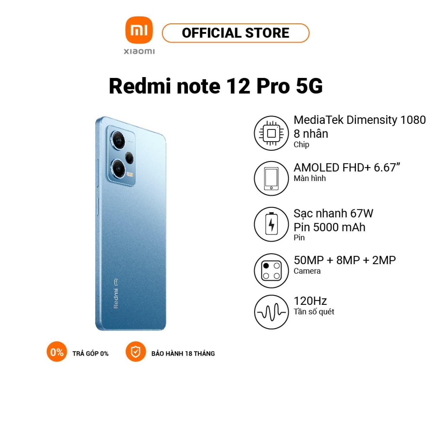 Điện thoại Xiaomi Redmi Note 12 Pro 5G (8GB+256GB) AMOLED 6.67″ FHD+| MediaTek Dimensity 1080