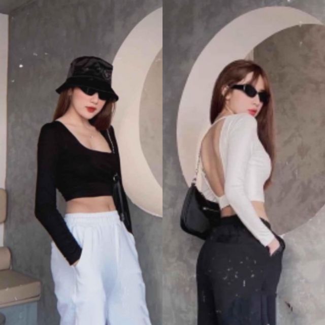 [Ảnh thật] Áo croptop thun gân tay dài hở lưng