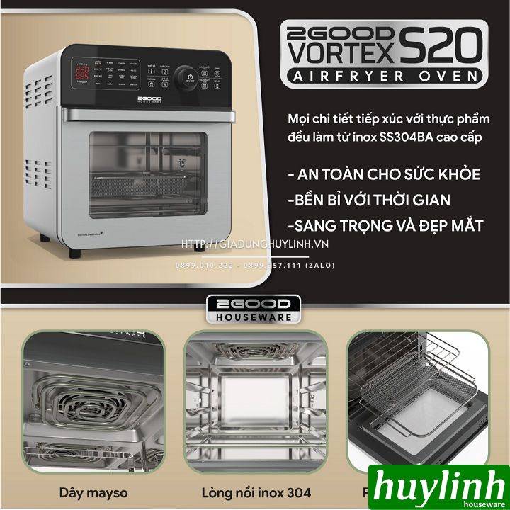 [Voucher 350k] Nồi chiên không dầu điện tử 2Good Vortex S20 - 14.5 lít - Tặng găng tay - 16 chức năng