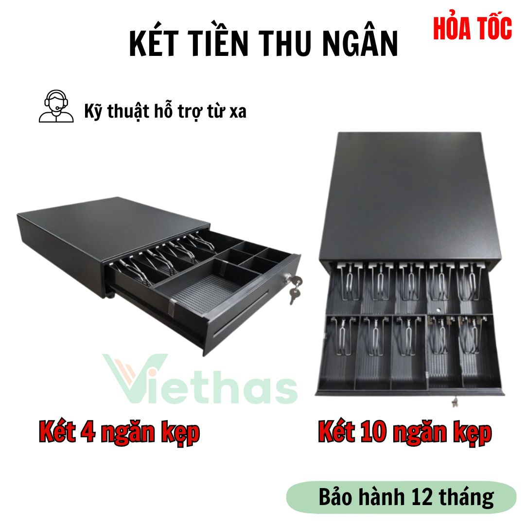Két thu ngân, Ngăn kéo đựng tiền 4 ngăn, 10 ngăn - Bảo hành 12 tháng