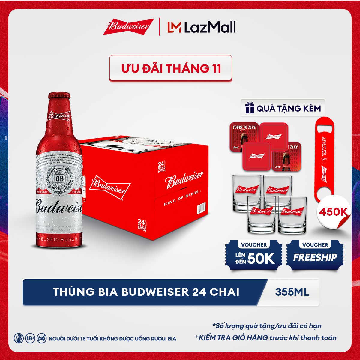 [25.11 - 29.11 VC ĐẾN 400K+FS] Thùng 24 Chai Bia Budweiser Aluminum (355ml/chai)