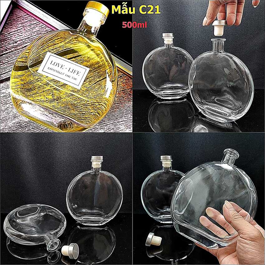 Glass bottle 500ML – Ground shape - Flat design – Rubber cap - 1 bottle