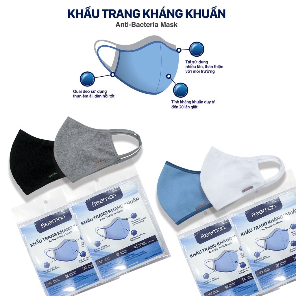 (XANH) Combo 5 Khẩu trang vải kháng khuẩn VN freesize Freeman