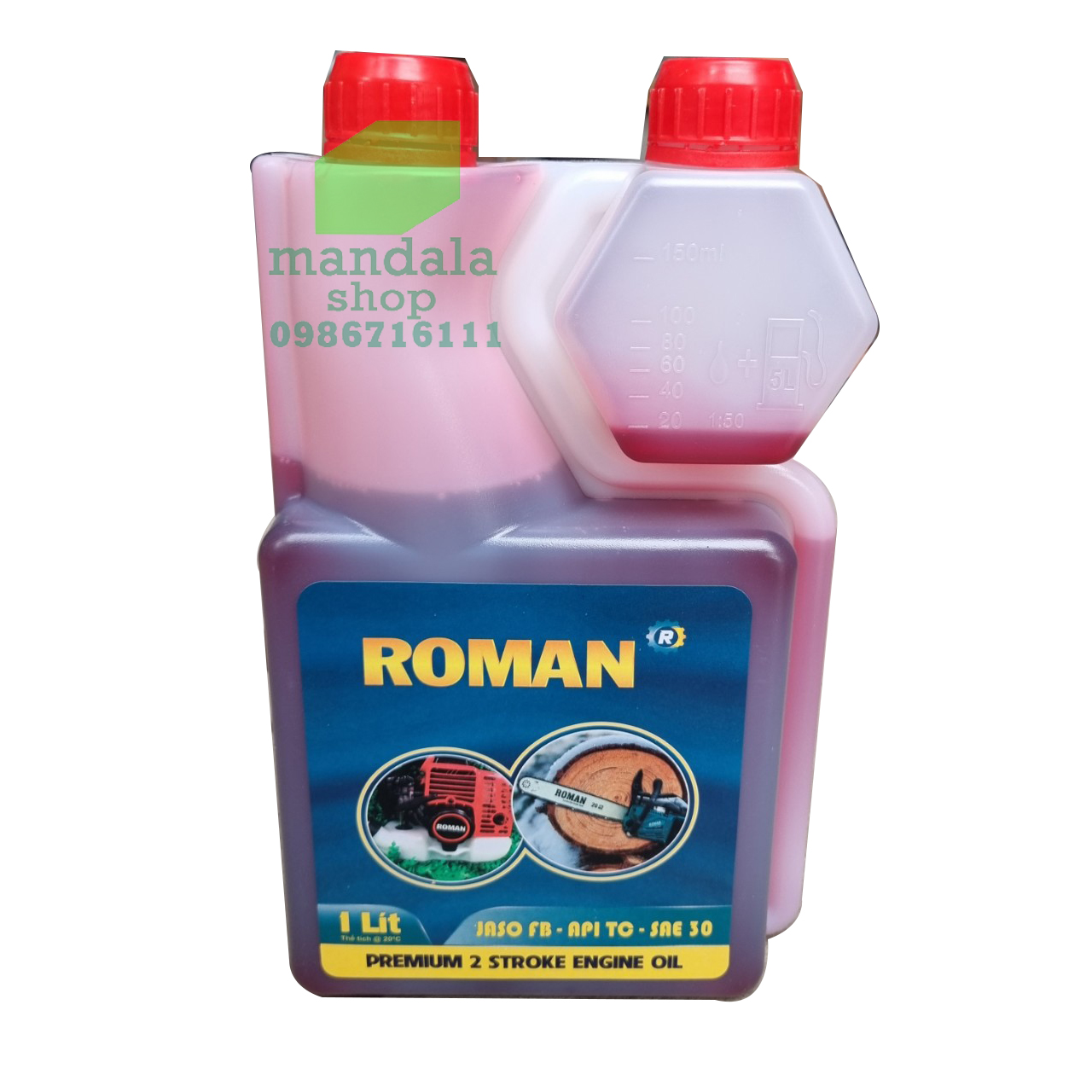 Dầu nhớt 2 thì ROMAN dung tích 1 lít dùng pha với xăng cho máy cưa, máy cắt cỏ, động cơ 2 thì