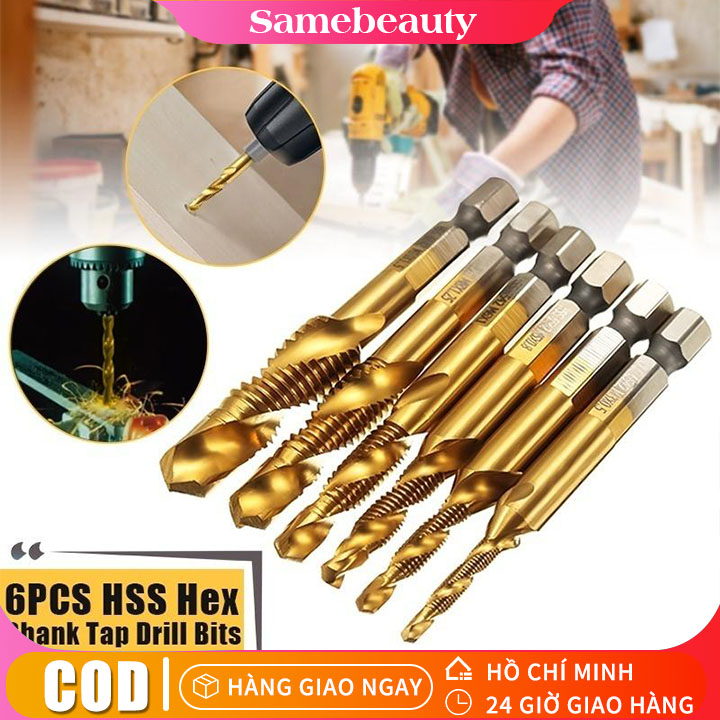 6 pcs ren hệ mét m3-m10 phủ titan mũi khoan hss và tap bits 1/4 chuôi lục giác