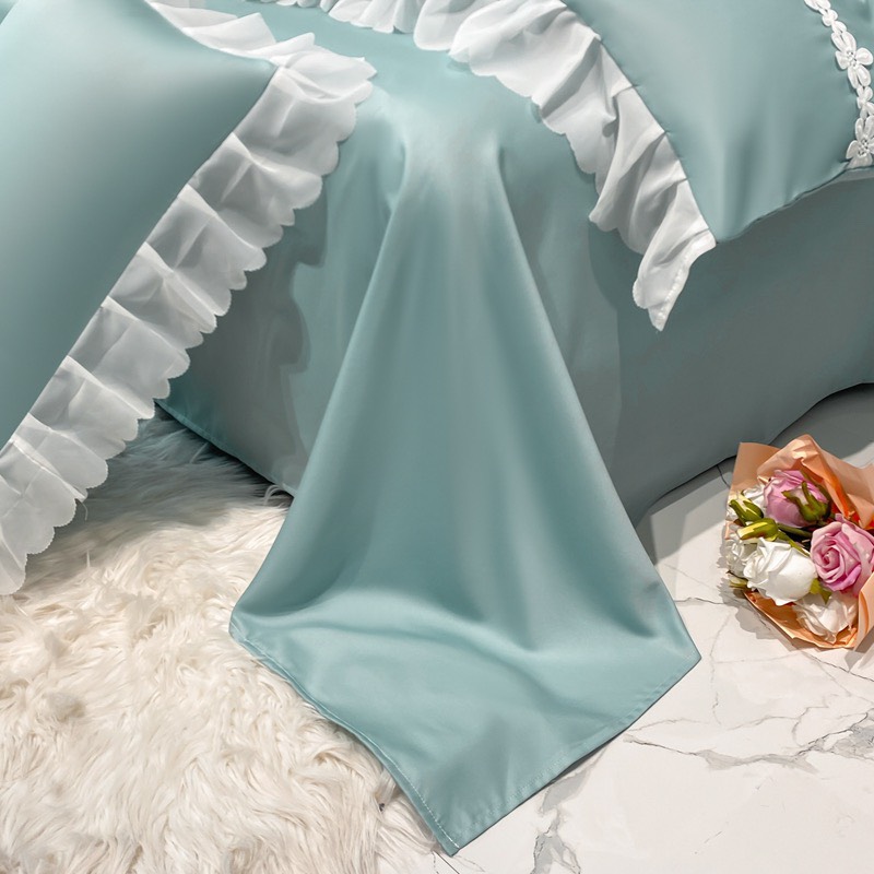 (❤GIÁ CỰC RẺ ) Bộ Vỏ Chăn Ga Gối Phi Lụa Phối Viền Bèo Ren Nhập Khẩu Set 4 Món