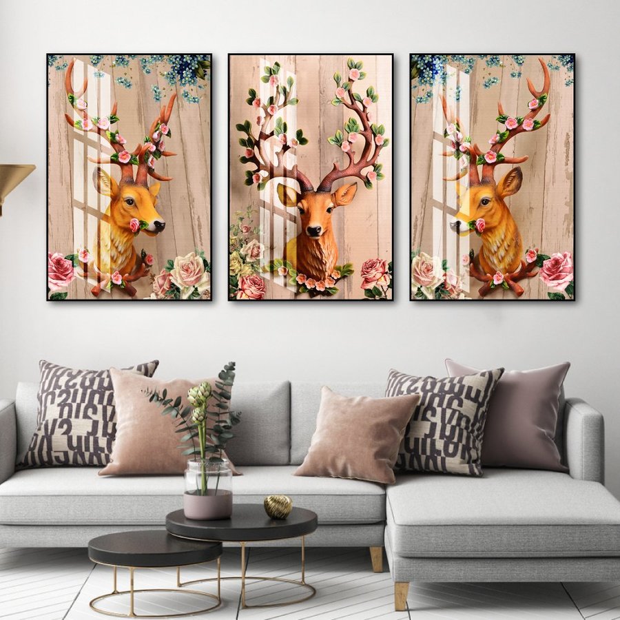 Tranh canvas giá xưởng Bộ tranh treo tường Hươu Rừng nghệ thuật Bắc âu trang trí decor phòng khách phòng ngủ tranh treo tường 3d phòng khách đẹp