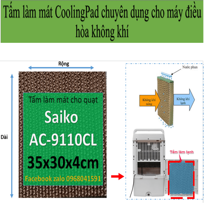 Tấm làm mát Cooling Pad cho quạt hơi nước Saiko Ac-9110CL kích thước 35x30x4 (Loại tấm sóng nhỏ 4mm)
