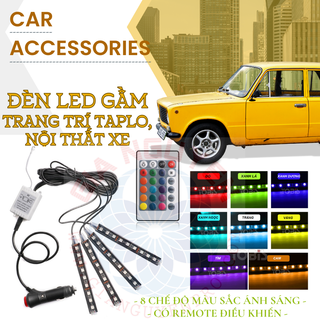 Bộ Đèn Led Cảm Biến Mạch Trang Trí Gầm Ghế, Gầm Taplo, Chân Thắng, Có Điều Khiển Đổi 8 Màu Cao Cấp