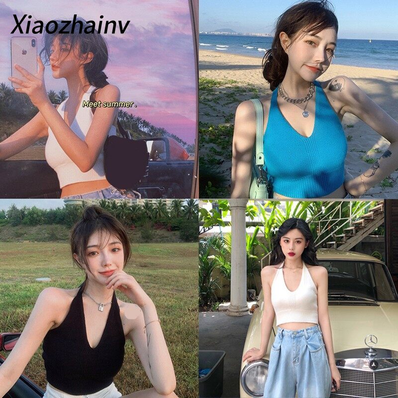 Xiaozhainv áo ba lỗ gợi cảm mới áo hai dây cổ chữ v áo croptop nữ