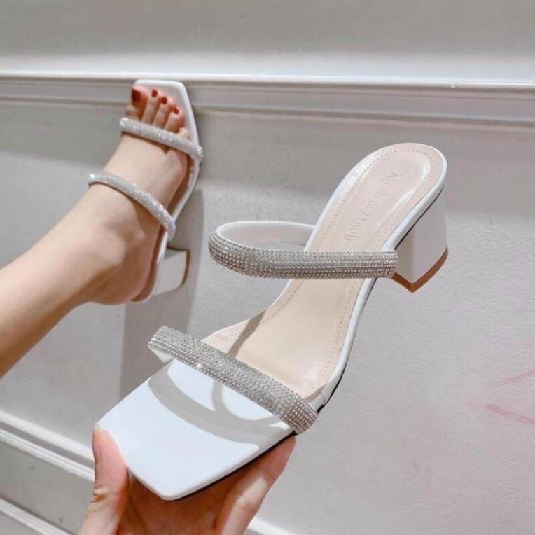 Guốc nữ cao gót vuông 7p 2 quai đính đá, Dép mũi vuông 7p - G43