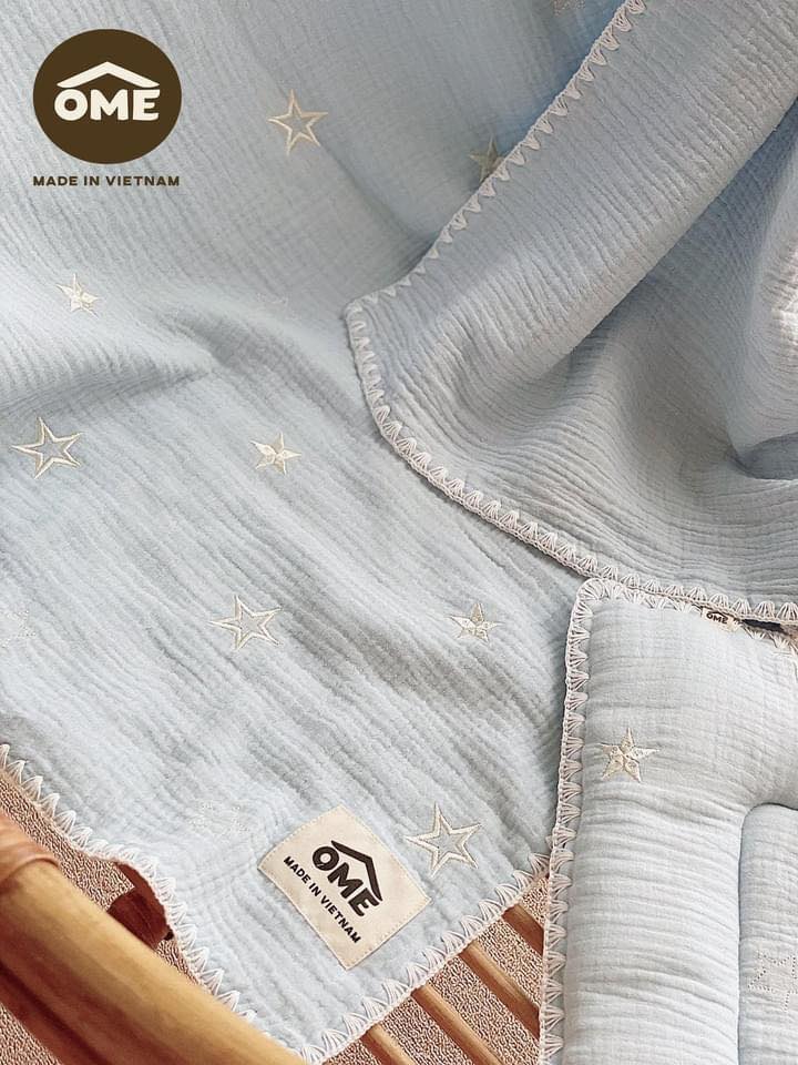 Set chăn thêu cao cấp 4 lớp kèm gối chống bẹp đầu vải xô viền họa tiết mềm mại cao cấp chính hãng OME Zimbababy
