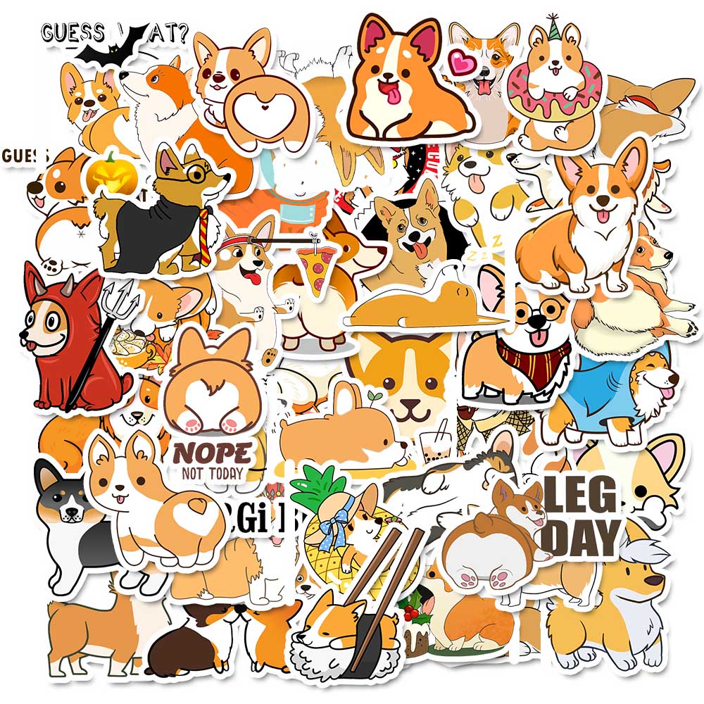 50 Pcs Cartoon Corgi Dog Waterproof Sticker Skateboarding Snowboard Retro Vinyl Sticker Graffiti Notebook Sticker
