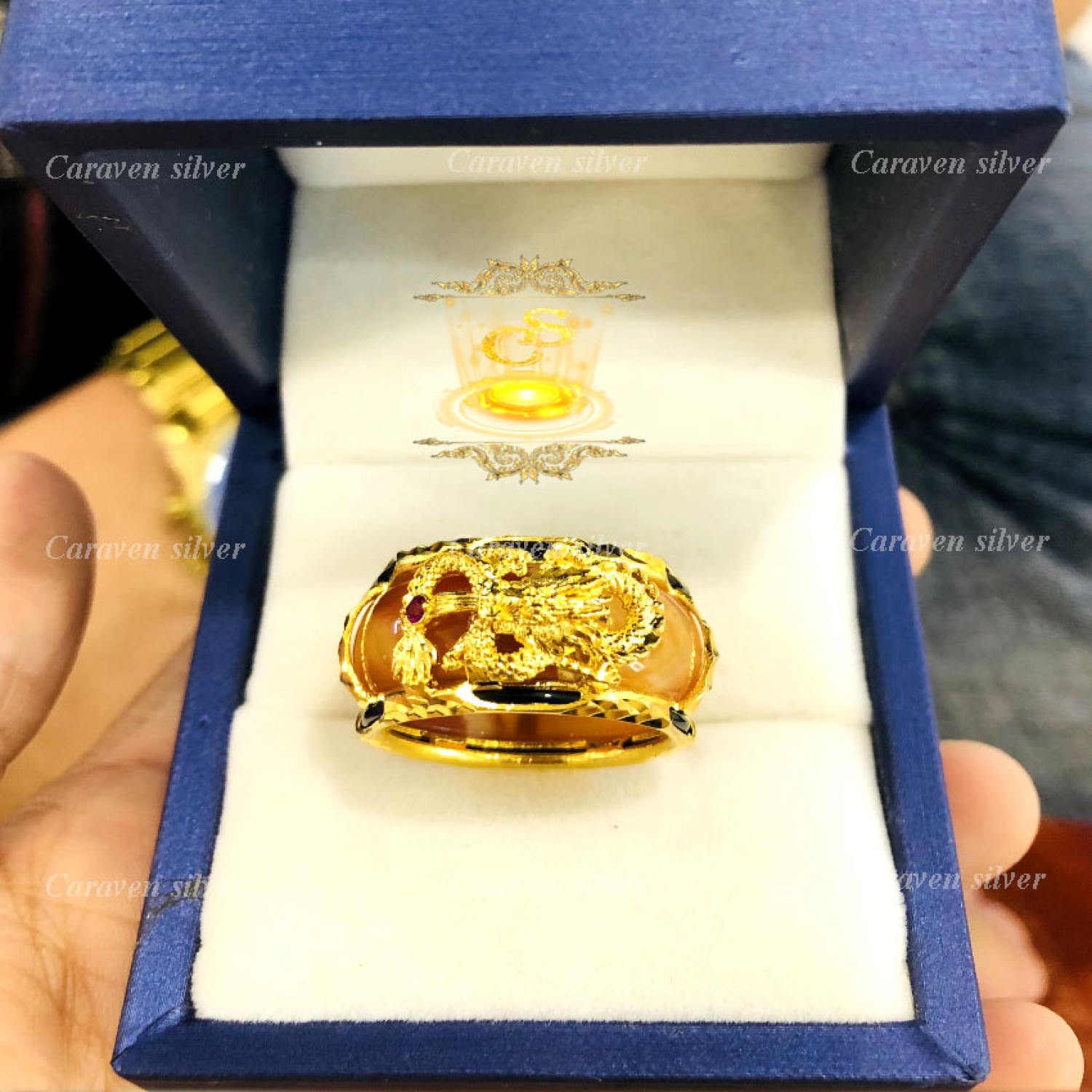 Nhẫn nam đầu rồng mạ vàng 18k - đá mã não, thiết kế full ngầu, to cộm - Caraven silver 2 -TH1 - nhẫn đầu rồng mạ 18k, nhan dau rong, nhan nam dau rong, nhẫn nam, nhẫn mạ vàng, nhan vàng, nhan nam ma vang