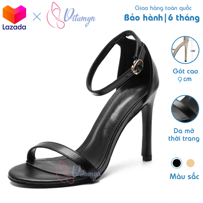 Giày Sandal Cao Gót 9phan Da Mờ Quai Ngang Nữ Tính Thời Trang, gót nhọn, quai khóa móc tiện lợi giá rẻ