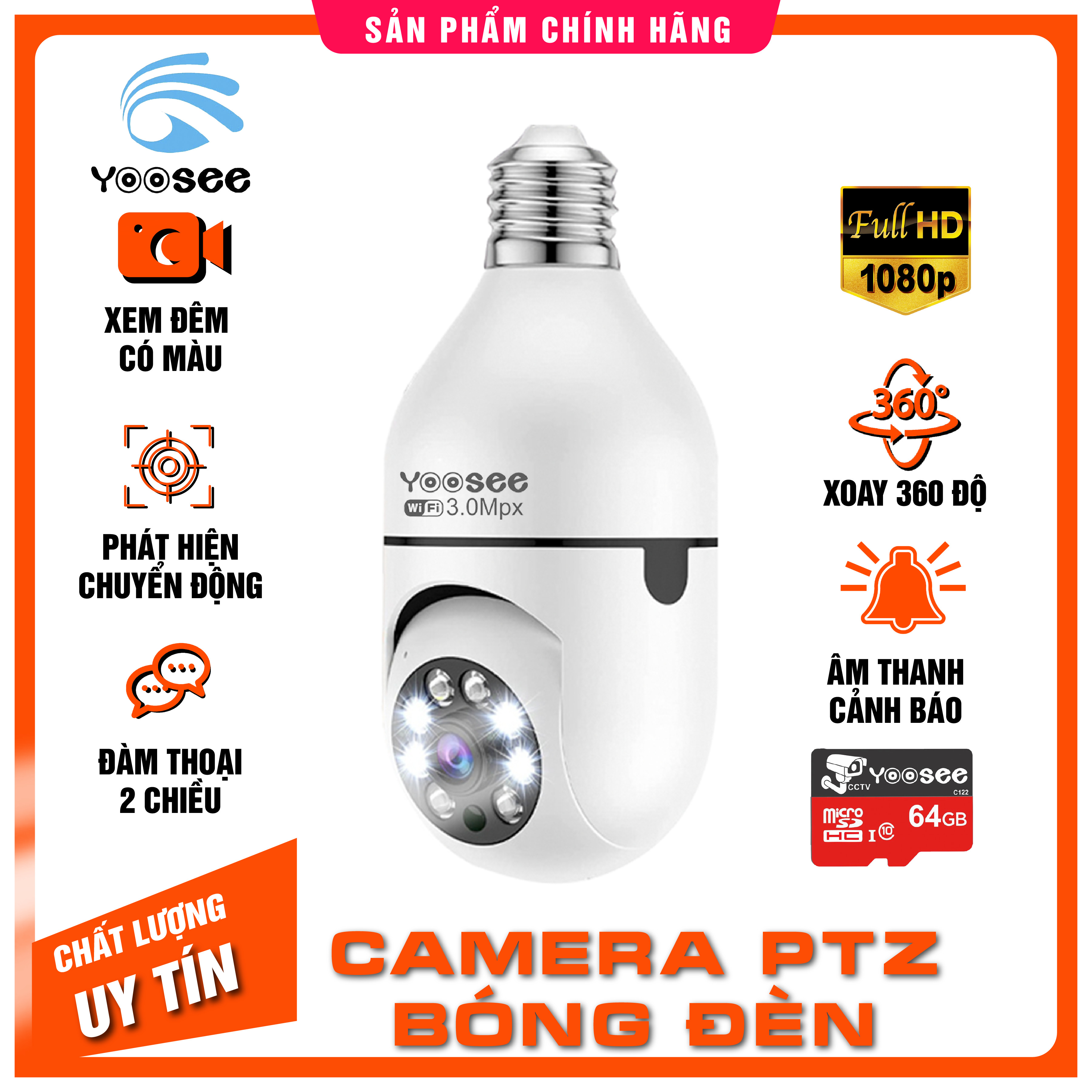 Camera Yoosee PTZ bóng đèn FHD 1080p Rõ nét, Có đèn Led chiếu sáng ban đêm, Xoay 360 độ, Đàm thoại 2 chiều