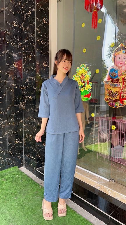 Đồ Lam Đi Chùa #Bộ lụa pháp trơn 1 nút# Quần Áo Nữ