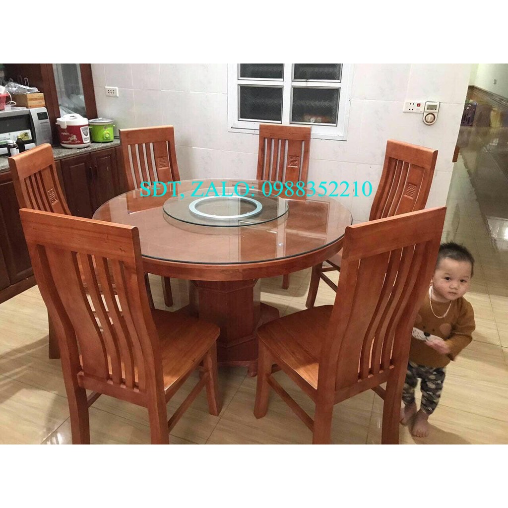 Bộ bàn ăn tròn xoay mâm gỗ sồi nga màu xoan