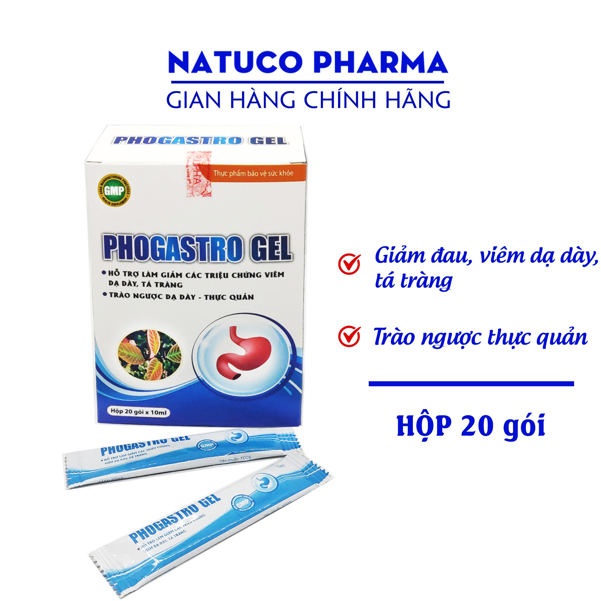 Gel uống giảm viêm dạ dày tá tràng, hết trào ngược thực quản PHOGASTRO GEL - hoàn toàn từ thảo dược - Hộp 20 gói chuẩn GMP Bộ y tế