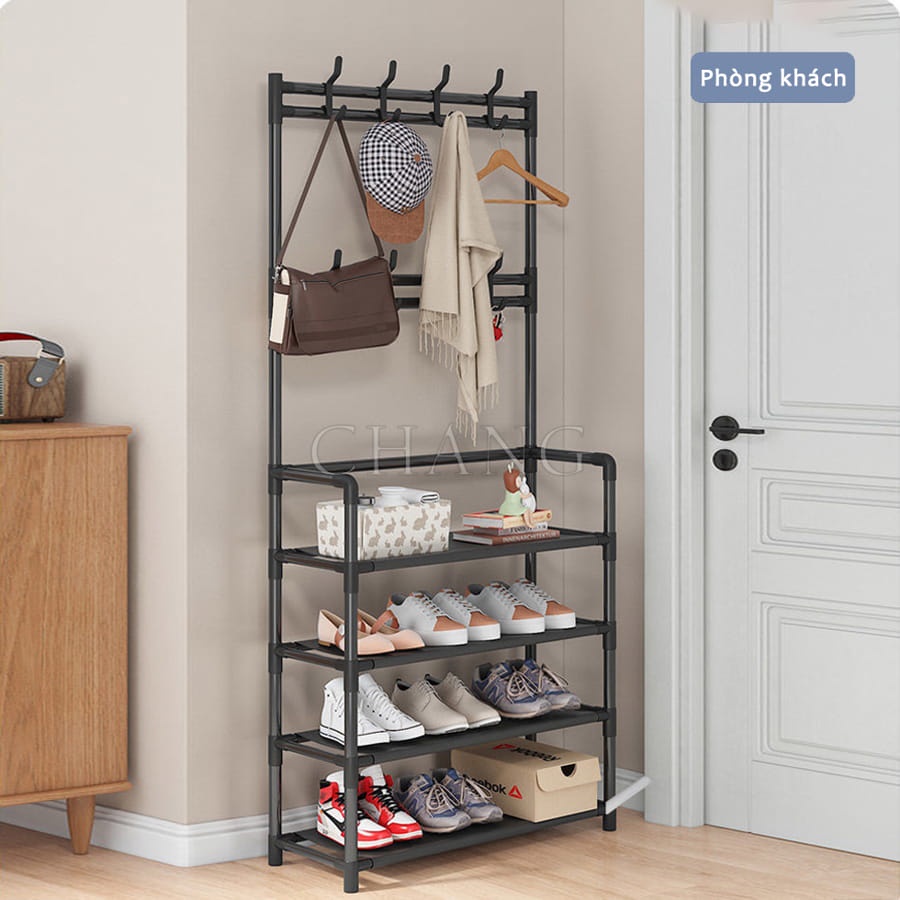Kệ để giày dép chữ L , thiết kế treo đồ đa năng lắp ghép 4 tầng tặng kèm 8 móc treo, chất liệu thép chịu lực tốt ,kệ để giày siêu rẻ bền đẹp